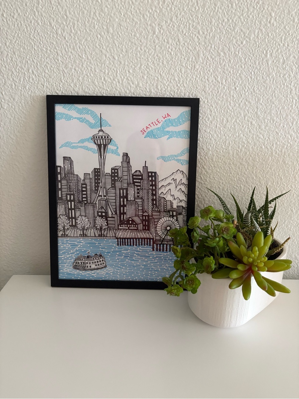 Seattle Skyline Framed Art Print - Blue & Black